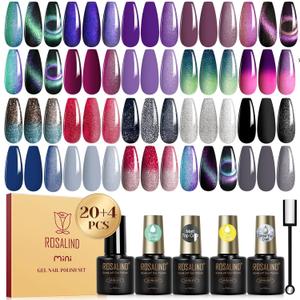ROSALIND 24PCS Cat Eye Gel Nail Polish Set with Glitter Glossy Matte Top Coat Base Coat, Color Changing Glitter Shinny Effect Magic Gel Polish Set Soak Off Nail Gel Polish Nail Art