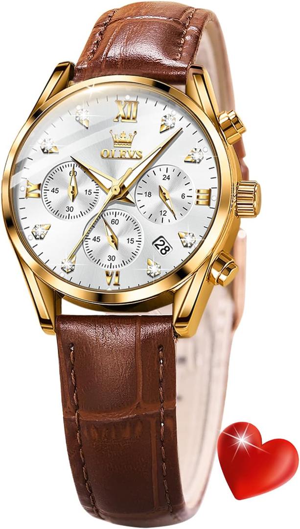 OLEVS Women Watch Brown Leather Straps Ladies Rose Gold Elegant Luxury Dress Chronograph Waterproof Wrist Watch Date Day
