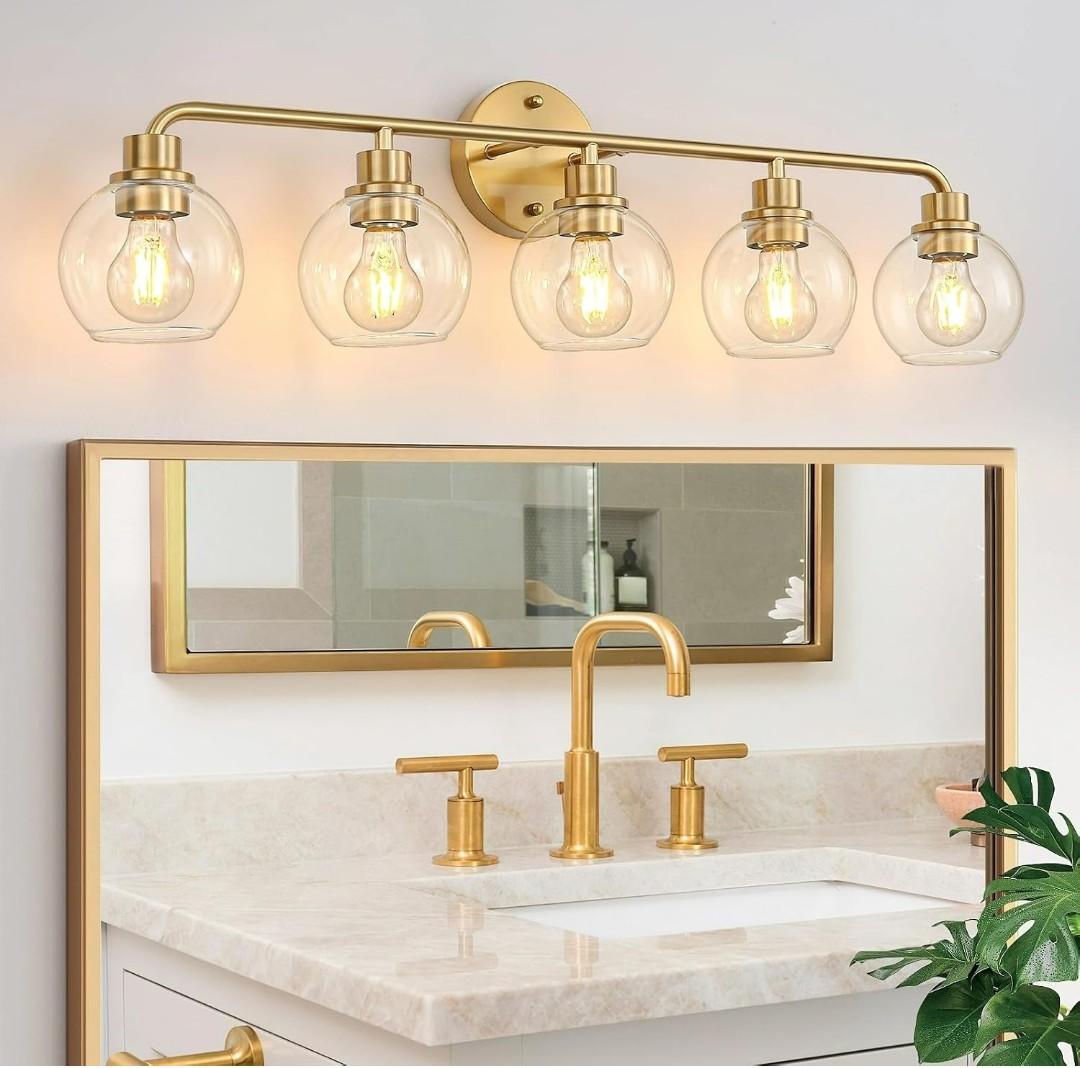 Bathroom Light Fixtures Gold Vanity Light 5 Light Wall Sconces Lighting Brushed Brass Lights with Clear Globe Glass Shades Bath Wall Lamp for Mirror Kitchen Living Room Bedroom Hallway