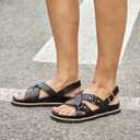 BEAU TODAY Flat Sandals for Women, Fashion Strappy Sandal Comfortable Arch Support, Open Toe Beach Dressy Leather Summer Platform Sandals (8.5, Black-1)