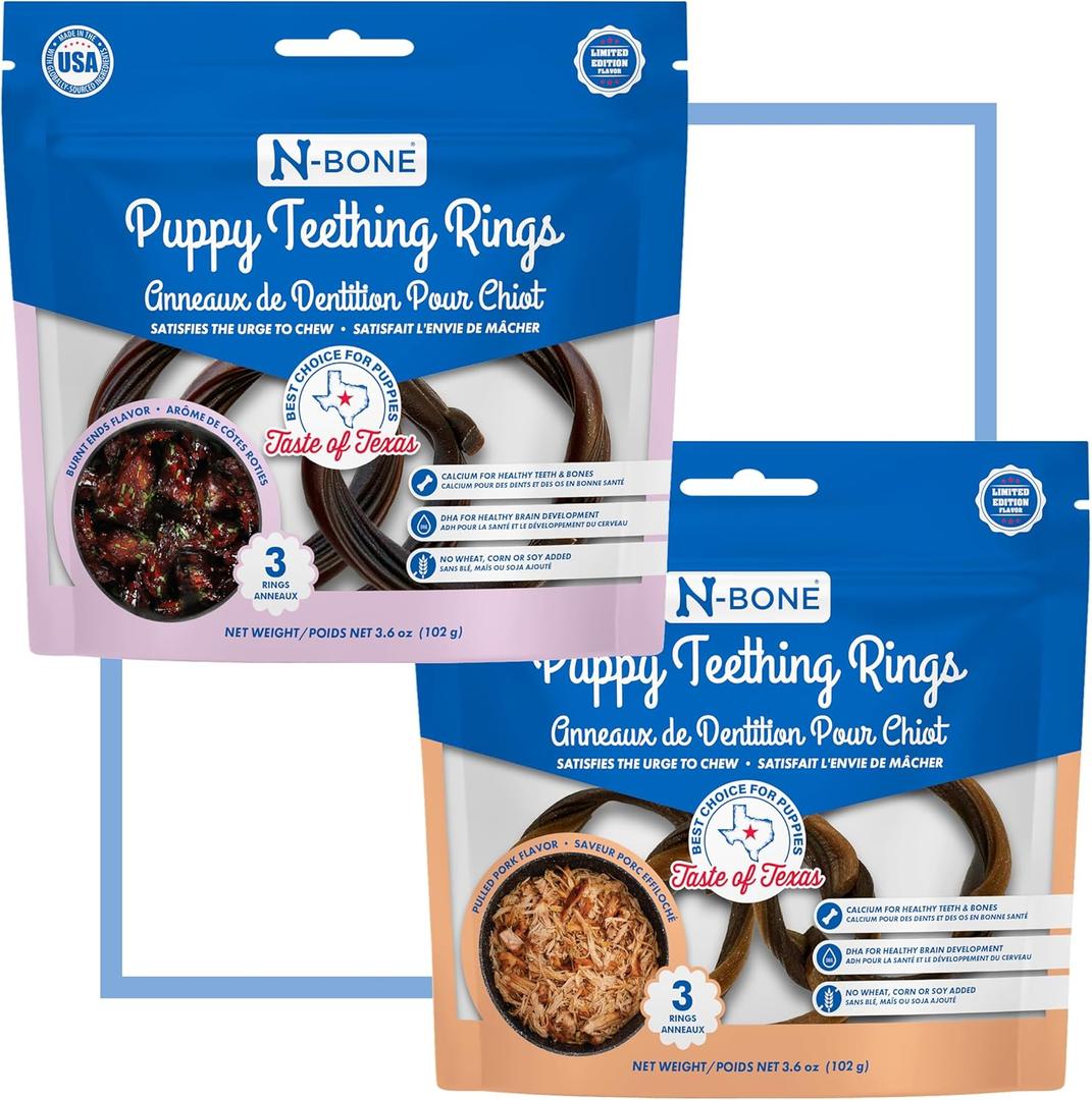 N-Bone Puppy Teething Rings Texas BBQ 3 Count Bag Variety Pack, Burnt Ends & Pulled Pork Flavor, Total 2 Bags, 7.2-oz, 6 Rings