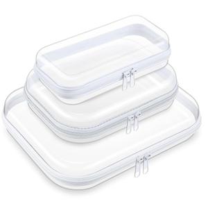 Hoolerry 3 Pcs Clear Hard Zipper Case Hard Plastic Zipper Pouch Makeup Bag Portable Travel Organizer for Cosmetics, Office Supplies, Documents & Toiletries(White,S, S/m, M)