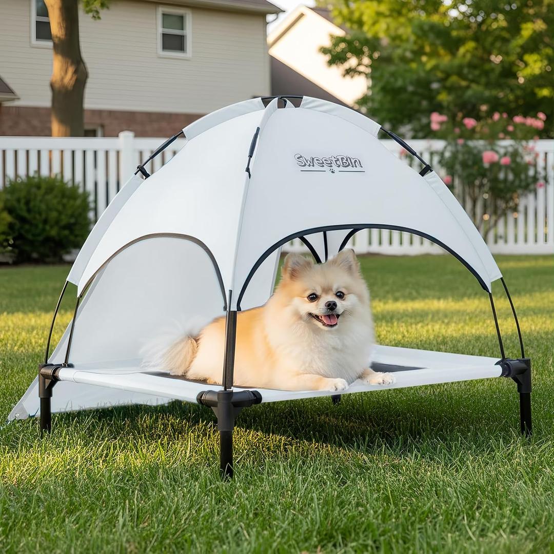S Outdoor Elevated Dog Cot with Canopy & Side Shade for Camping Small Medium Dogs (Carry Bag), Portable Cooling Raised Dog Bed, Small