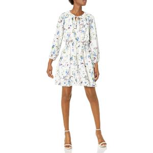 Taylor Women's Long Sleeve V Neck Tie Floral Print Smocked Waist Short Satin CDC Blouson Dress (16-17)
