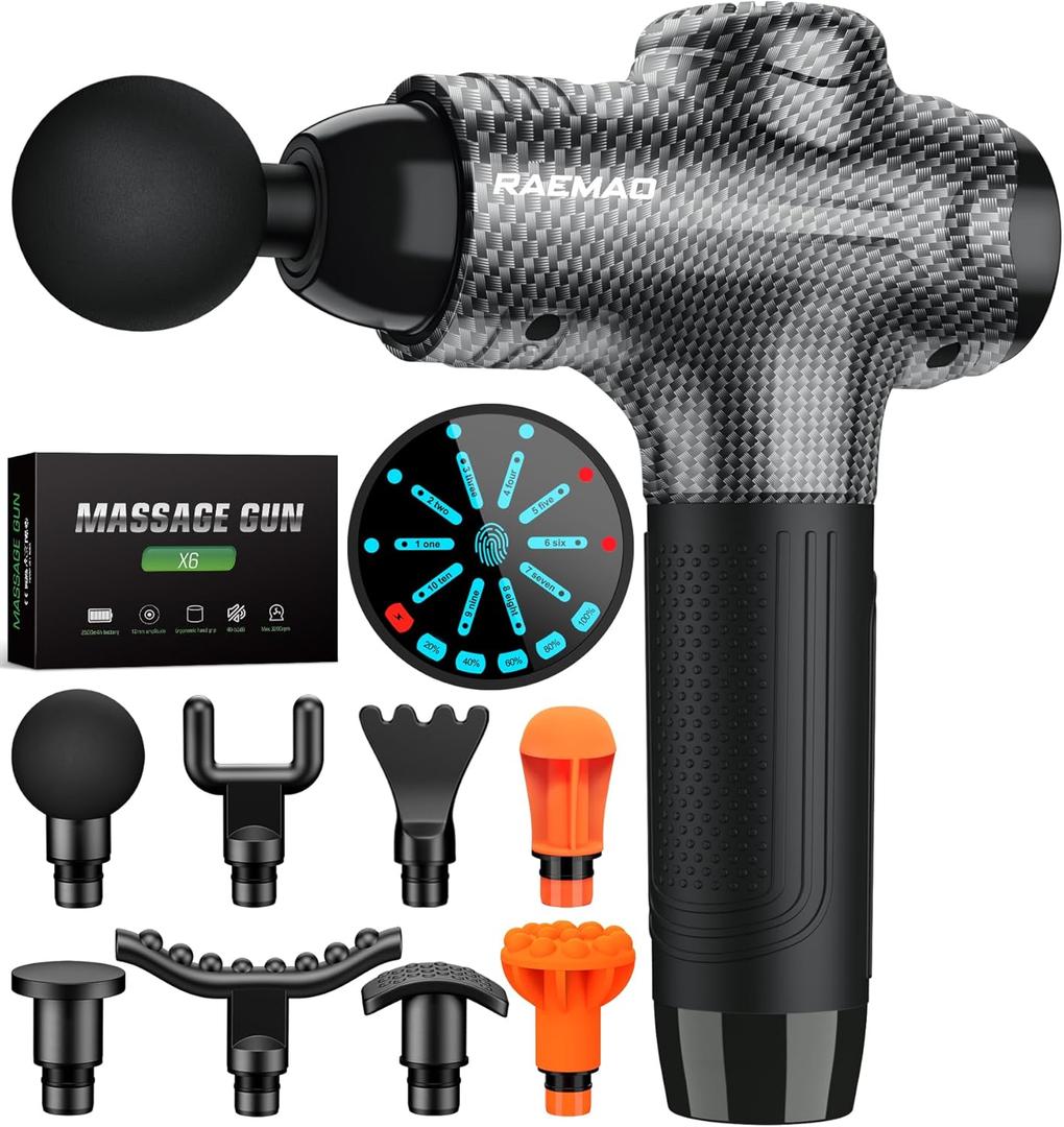 RAEMAO Massage Gun, Handheld Electric Deep Tissue Muscle Massager for Athletes for Pain Relief Attaching 8 Replacement Heads, Percussion Massager with 10 Speeds, Mothers Day Gifts, Carbon (Carbon)