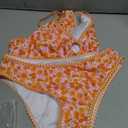 Tainehs Women's Two Piece Bikini Sets O Ring Front Top Ditsy Floral Triangle Swimsuits Cheeky Bathing Suit, Orange Flower Small