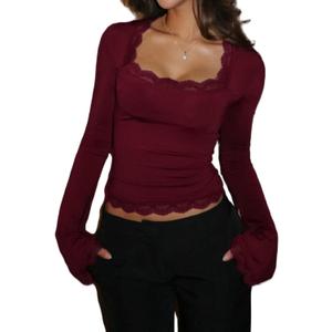 Women Square Neck Lace Long Sleeve Top Y2k Lace Trim Slim Fit Basic Blouse Casual Fall Going Out Trendy Shirts (Small, Wine Red)