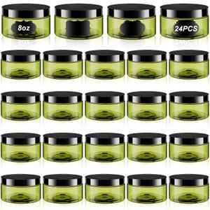 Dandat 24 Pcs 8 oz Plastic Jar Container with Lid and Label Refillable Empty Round Green PET Cosmetic Sample Slime Containers for Lotion, Cream, Ointments, Body Butter, Makeup, Travel Storage