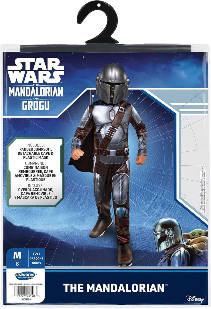 STAR WARS The Mandalorian Official Youth Halloween Costume - Premium Quality Padded Jumpsuit with Plastic Mask and Detachable Cape (S)