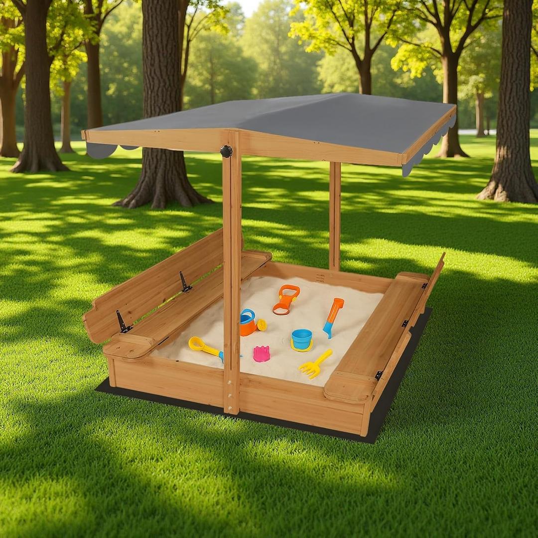 Large Wooden Sandbox Outdoor Sand Pit with Lid Cover Foldable Bench Seat Bottom Liner Sand Box for Garden Patio Beach Backyard Play Aged 3-12 Years Old 48x48 inch (Brown), 48 inches x 48 inches x 8.3 inches