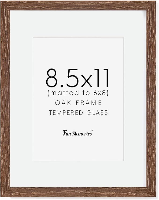 Picture Frame 8.5x11, Natural Oak Wood 8.5 x 11 Photo Frame, 8.5 by 11 Frame for Wall, 8.5x11 Picture Frame with Mat for 6x8, Tempered Real Glass, Walnut Color, Set of 1