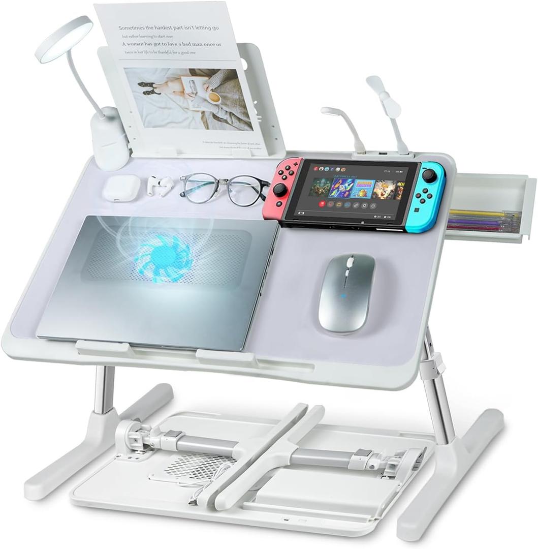 Laptop Lap Desk with Cooling Fan - Adjustable with Light, USB, Storage Drawer - Folding Bed Desk,22.04"*12.59",Grey (Grey,56-32cm)