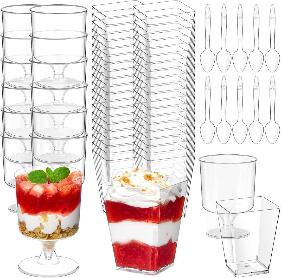 Mini Plastic Dessert Cups with Spoons 200 Pcs | Serves 100 | 5 OZ Square and 5 OZ Goblet Dessert Shooters | Small Party Serving Cups for Parfait, Appetizers, Dessert Shot Glasses Set