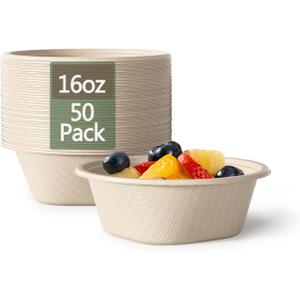 Homestockplus 16 Oz Disposable Bowls Heavy Duty Small Paper Bowls made of 100% Compostable Heavy-duty Quality Natural Bagasse Biodegradable Bowls for Ice Cream, Dessert And Chili ect.[50 Pack]