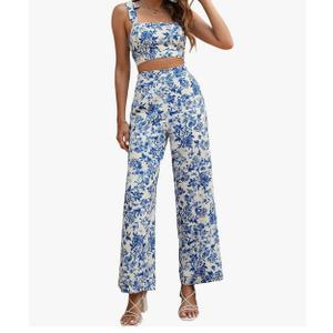 Floerns Women's 2 Piece Summer Outfit Floral Print Knot Shoulder Zip Back Crop Cami Top and Maxi Pants Set
 Size M
