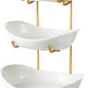 Ceramic Fruit Bowl for Kitchen Counter - 3 Tier Fruit Basket with Metal Stand, Tiered Fruit Stand for Countertop, Snack, Nuts, Cake, Dessert, Cute (Gold, Small) 