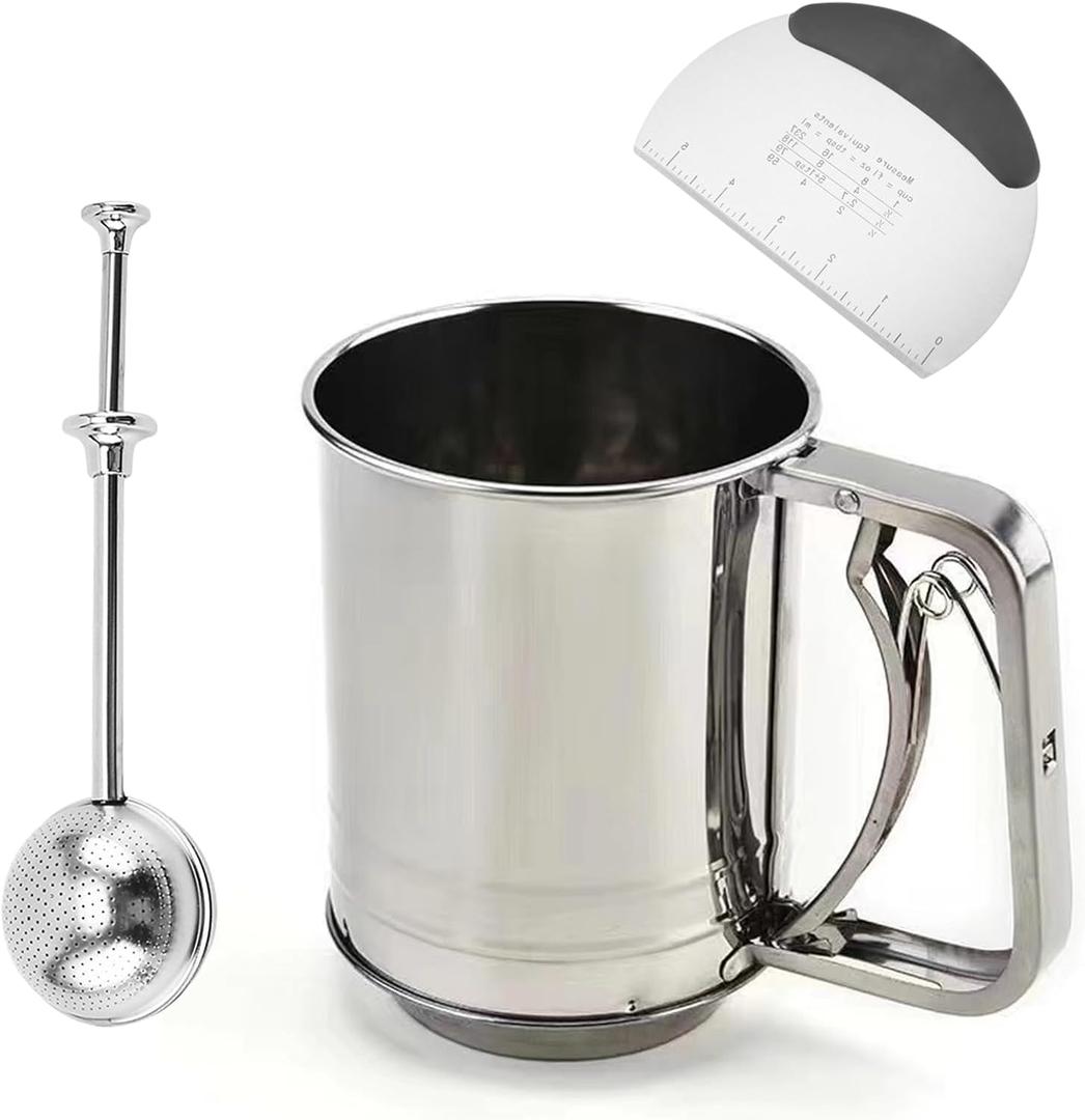 Stainless Steel Flour Sifter for Baking, 3-Cup Capacity Stainless Steel Flour Sifter and 403 Stainless Steel Double Layers Sieve