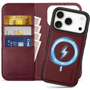 SHIELDON 2 in 1 Wallet Case for iPhone 17 Pro 6.3" 2025 | Genuine Leather, Detachable, Flip Magnetic, RFID Blocking Card Slot, Kickstand, Wireless Charging, Full Protective Cover - Wine Red