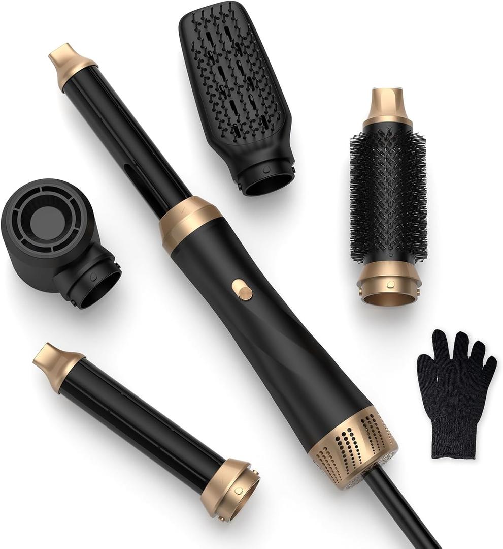 5 in 1 Blow Dryer Brush Set with Air Curler Wrap Hair Styler, Negative Ionic Hair Dryer Brush, Detachable Hair Tool for Curling, Volumizer,Straightener,Drying (Black)