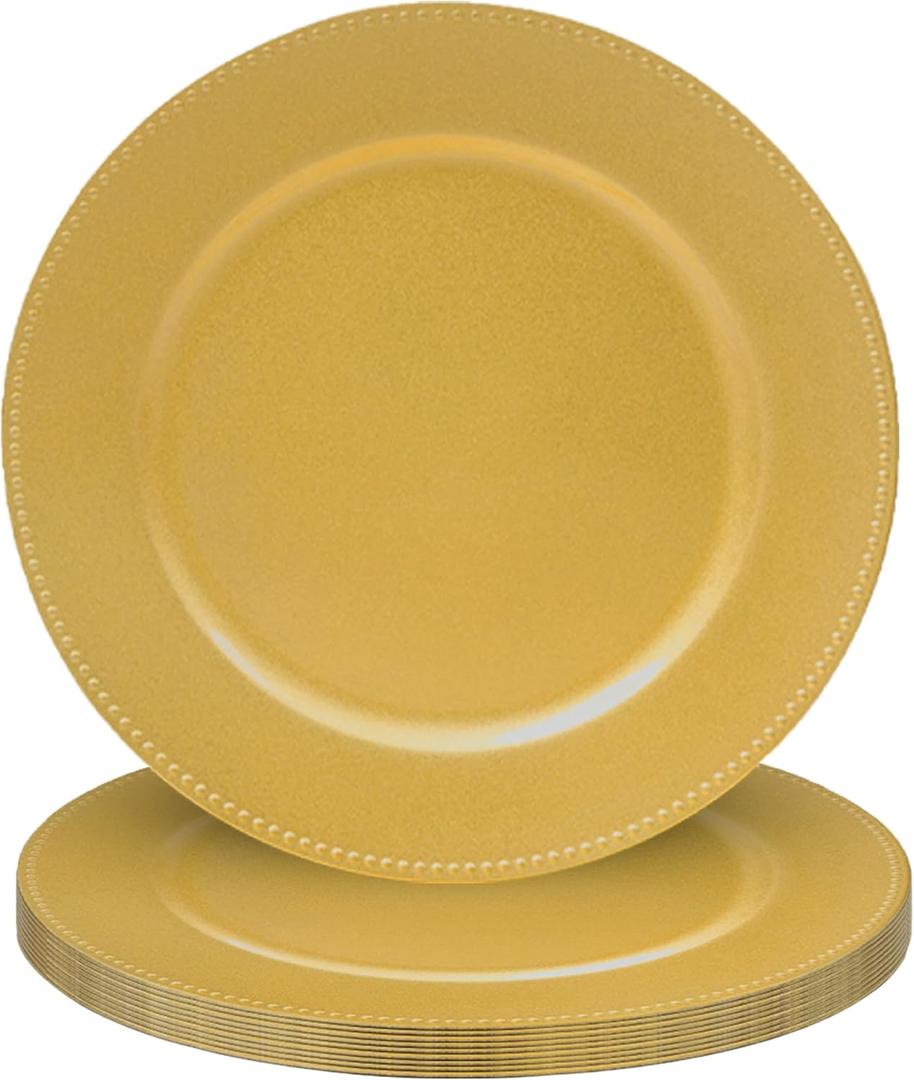 JEVERGN 10 Pack Gold Charger Plates, 13" Beaded Chargers for Dinner Plates, Gold Plate Chargers Set of 10, Round Plastic Charger for Wedding, Party Event, Dinner, Table Setting