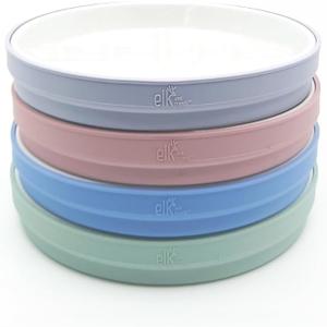 Elk and Friends Kids 7.8 Porcelain White Plates with Silicone Sleeves | Suitable for Babies/Toddlers | Microwave & Dishwasher Safe | Non Slip Dinnerware | Snack Dishes | 4 Pack (Blush/Lilac/Sage/MistyBlue)