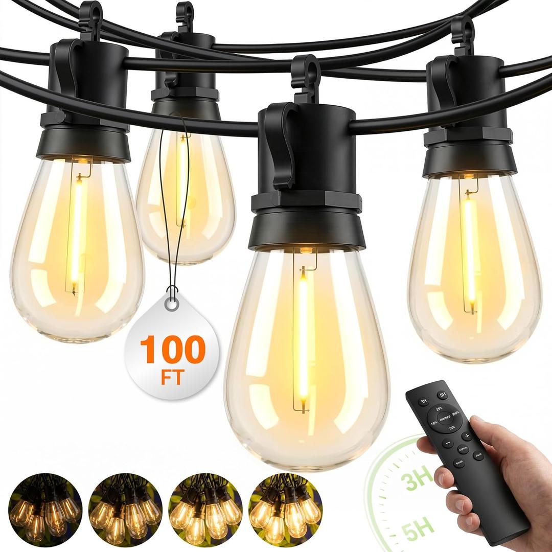 Outdoor String Lights LED Patio-Light - 100Ft Outside Waterproof Dimmable Porch Lights with Remote Shatterproof S14 Bulbs Outside Hanging Light Connectable Lighting for Gazebo Backyard Bistro Pergola (100FT(30 Sockets))