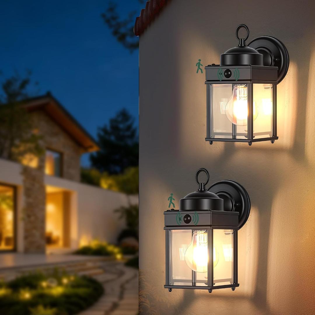 Dawn to Dusk Sensor Motion Sensor Outdoor Wall Light Fixtures Waterproof Black Exterior Porch Lighting Fixture Anti-Rust Outdoor Wall Lantern for House -2 Pack