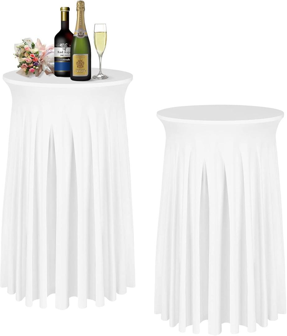 BDDC Cocktail Table Covers  2 Pack 32"x 43" White Cocktail Table Tablecloth with Natural Wavy Round Skirt for Bar Wedding Party Banquet