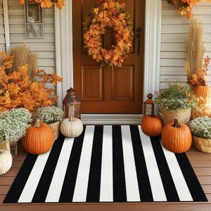 Timo Black and White Striped Outdoor Rug, 36"x59" Non Slip Absorbent Layered Doormat, Washable Resist Dirt Indoor Outdoor Rugs, Fall Front Door Mat for Kitchen Entryway Patio Farmhouse Porch Decor