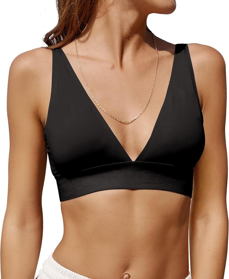 Knowyou Women's Seamless Plunge Bra Deep V-Neck Wireless Comfort Bra Unlined Triangle Sporty Bras Ultra Light Soft Stretch Bralettes for Ladies Black, L
