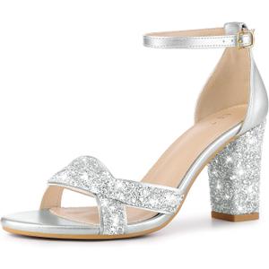 Allegra K Women's Glitter Ankle Strap High Chunky Heel Sandals (Silver, M) US 8.5