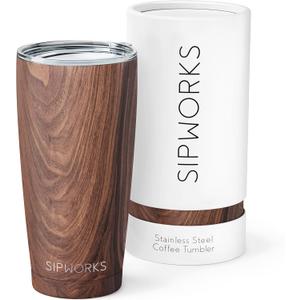 Sipworks Coffee Tumbler  20 oz Insulated Travel Coffee Mug, Spill Resistant Stainless Steel Large Coffee Cup with Lid for Hot & Iced Drinks - Mahogany