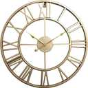 Evursua 24 inch Large Home Decor Wall Clock for Living Room Non Ticking Iron Art Clocks Roman Numeral,Retro Distressed Metal,Oversized (Gold)