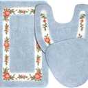 3 Pcs Rose Flowers Bathroom Rugs Set Coquette Room Decor Floral Bath Mat U Shaped Toilet Rug Non Slip Absorbent Floral Bath Carpet (Blue)