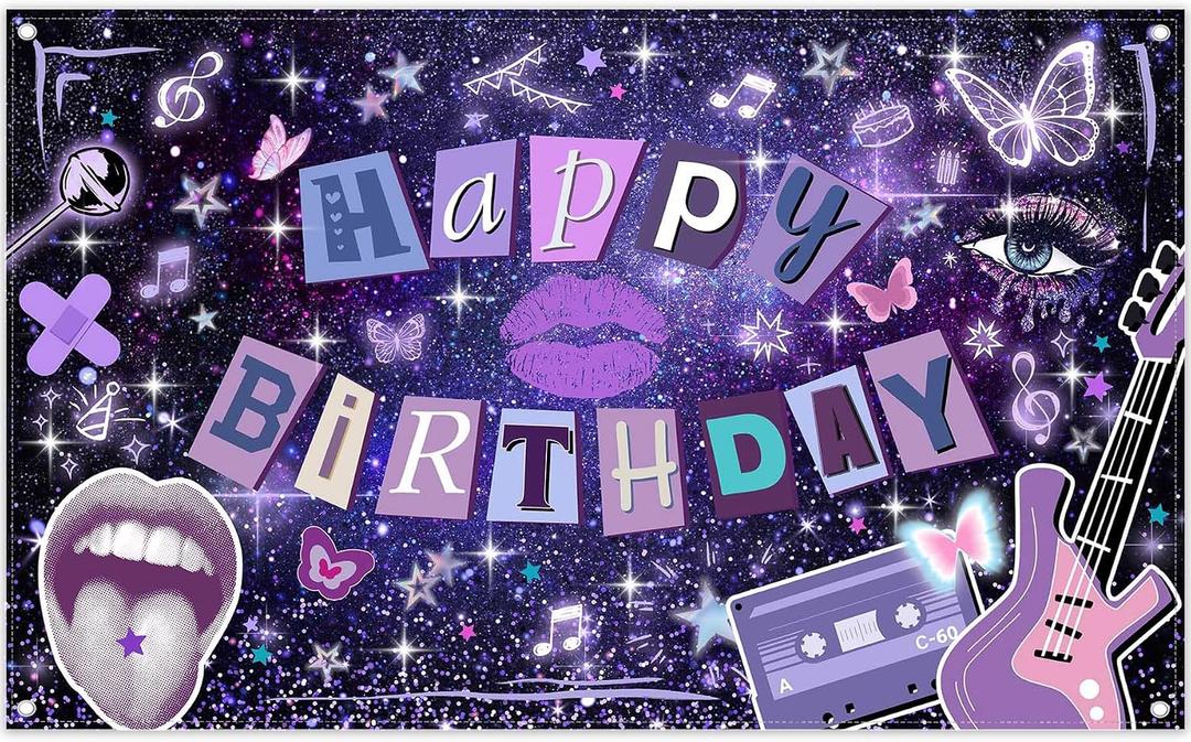 72x43inch Fabric Happy Birthday Backdrop Purple Giltter Starry Sky Butterfly Guitar Photography Background Music Festival Women Party Decorations Photo Props