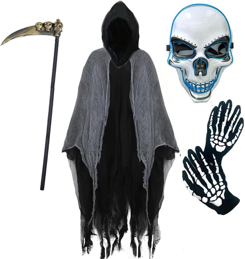 Grim Reaper Costume Kids,Scary Halloween Costumes for Boys Girls, LED Mask,Hooded Cloak,Scythe,Gloves Included (Large, Black)