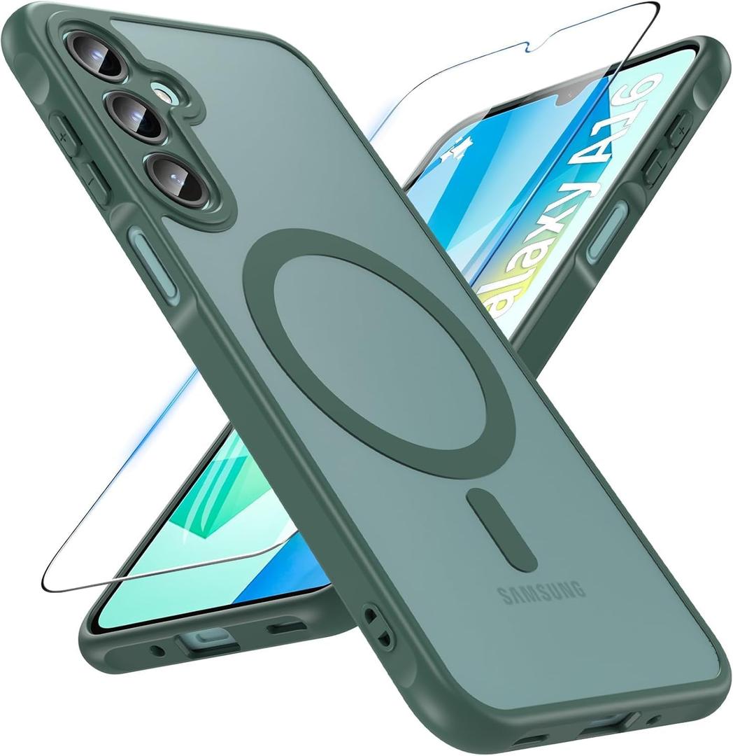 OWKEY Galaxy A16 5G Phone Case, Magnetic Samsung Galaxy A16 5G Case for Magsafe with Tempered Glass Screen Protector, [Shockproof Military] Translucent Back Slim Bumper Cover Samsung A16 5G Case, Green