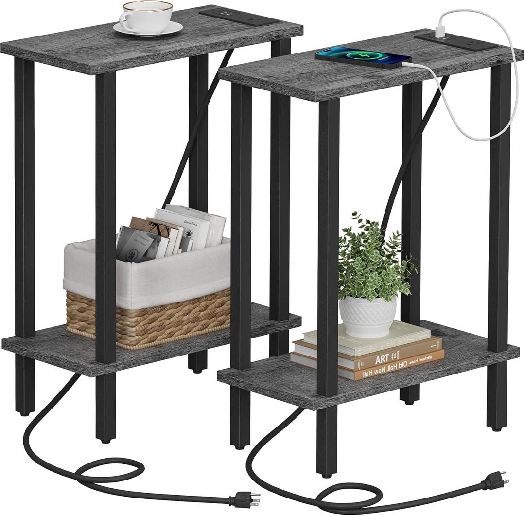 TUTOTAK Small End Table with Charging Station, Narrow Side Table with USB Ports and Outlets, Set of 2, Skinny Sofa Table, Slim Nightstand, Living Room, Bed Room, Charcoal Grey TB01BY0602 (2-Tier7.9"D x 15.8"W x 22.5"H)