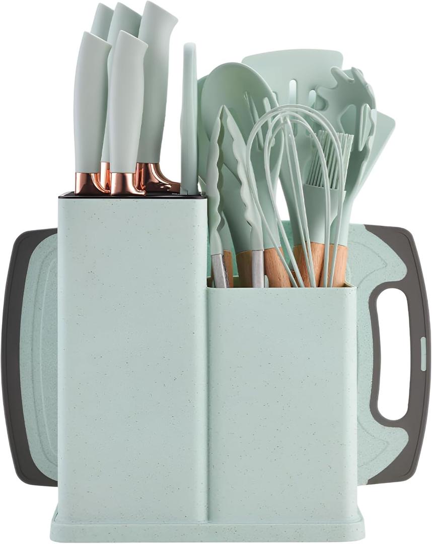 19-Piece Kitchen Utensil & Knife Block Set: 12 Non-Stick, Heat-Resistant Silicone Cooking Utensils (Spatula, Tongs, Ladle, Scissors) + 5 Sharp Kitchen Knives & Cutting Board(Green)