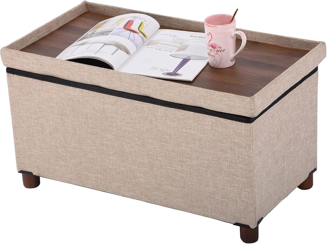 30 Inches Storage Ottoman Bench, Storage Bench with Wooden Legs for Living Room Ottoman Foot Rest Removeable Lid for Bedroom End of Bed, Linen Fabric, Folding Beige Ottoman