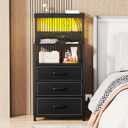 SZLHANJZ Night Stand Set 2 with LED Lights, Bedroom Nightstands with Power Outlet and Type C Port, Bed End Tables with 3 Fabric Drawers, Matching Bedside Tables with Hooks and Shelves, [Black Larger Set, 15.7"D x 17.7"W x 38.6"H (3 Drawers)]