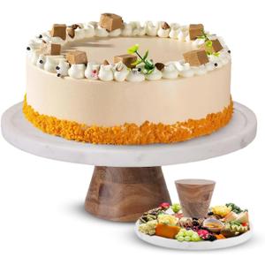 Marble & Acacia Wood Cake Stand - 11 Inch Round Cake Display for Weddings, Birthdays & Parties - Dessert Stand for Cakes, Muffins, Pastries, Bread - Kitchen Dcor - White Marble Top