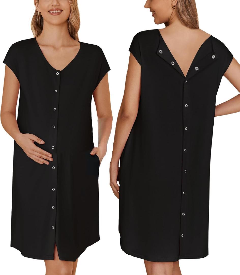Ekouaer Labor/Delivery/Hospital Gown Nursing Nightgown Maternity Sleepwear With Pockets Postpartum Gowns with Button S-XXL (Small, Black)
