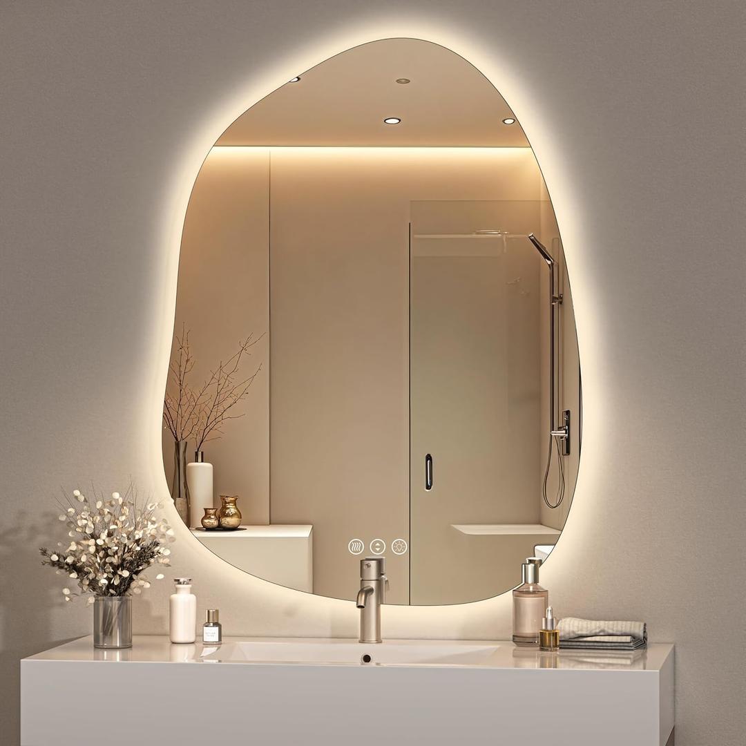 Hasipu Irregular Wall Mirror with Lights- 31"x24" Large Vanity Mirror with Anti-Fog, 3 Color Modes, Dimmable Light, Memory Function, Backlit Wall Mount, Horizontal/Vertical