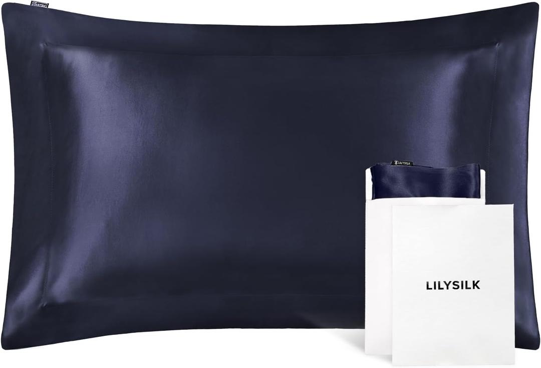 LILYSILK 100% Silk Pillowcase 1PC 25MM Pure Bed Pillowcase for Hair & Skin Oxford Envelope Double-Sides Charmeuse Silk,Navy Blue Standard 20x26 inches