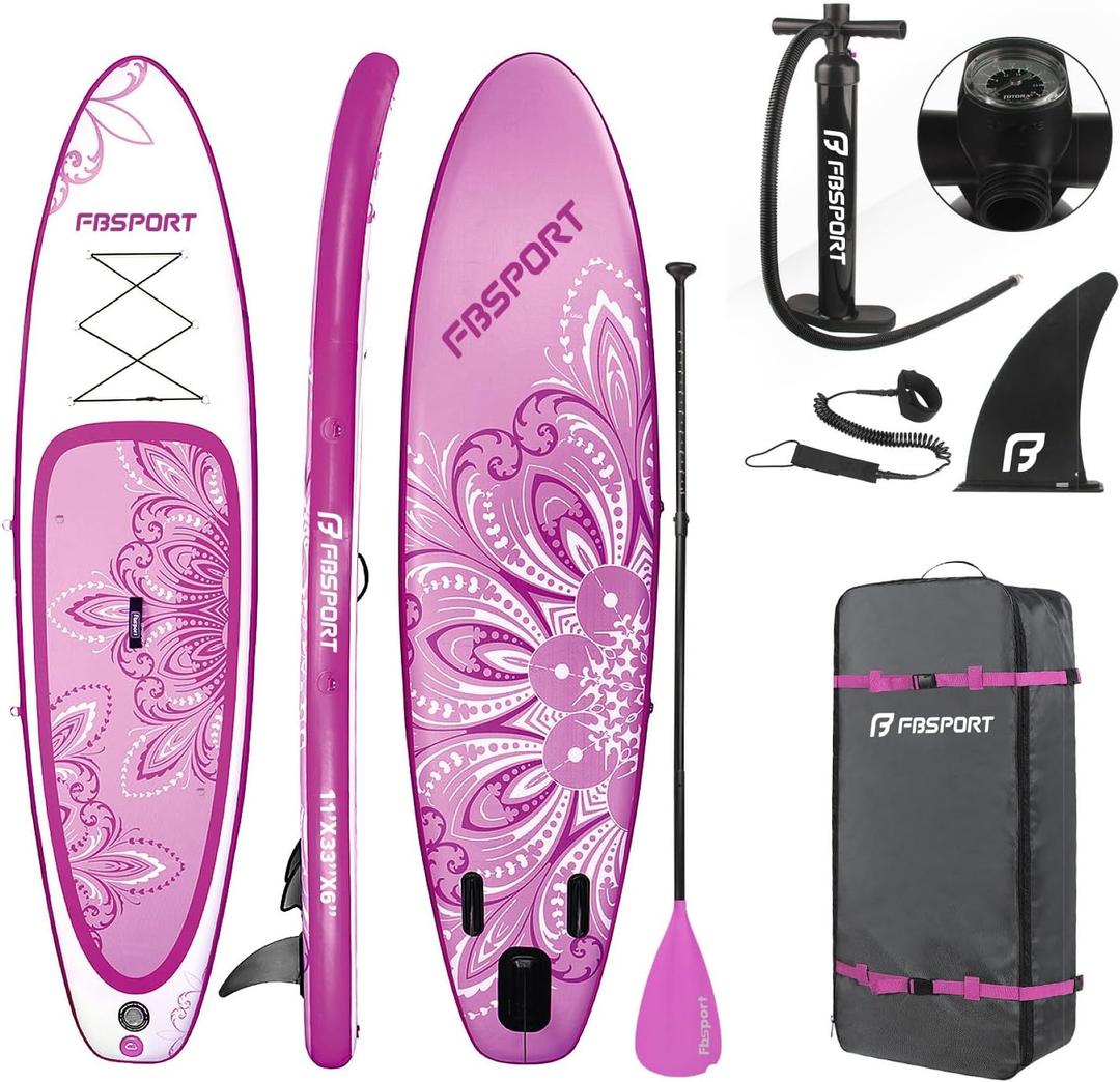 FBSPORT 11' Premium Stand Up Paddle Board, Yoga Board with Durable SUP Accessories & Carry Bag | Wide Stance, Surf Control, Non-Slip Deck, Leash, Paddle and Pump for Youth & Adult (Flower Purple)