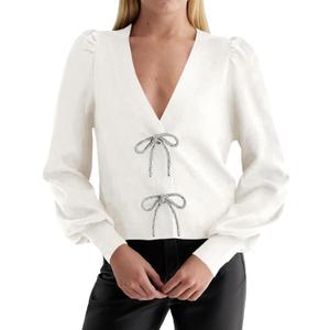 Saodimallsu Womens Bow Button Front Cardigan Sweaters V Neck Cropped Knit Sweater (Small, White)