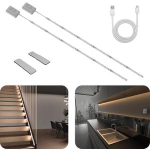 Hapfish Motion Sensor LED Light Strip Indoor, 2PCS Battery Powered Under Cabinet Lighting Wireless, 3 Color Temperatures, 6.6FT Rechargeable LED Counter Closet Strip Lights for Kitchen, Stair, Shelf
