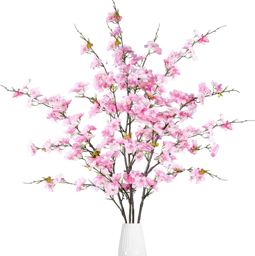 Sggvecsy Artificial Cherry Blossom Flowers 4 Pcs Faux Cherry Blossom Stems Faux Silk Cherry Blossom Branches 43 Fake Flowers Long Stems for Vase Arrangements Home Wedding Table Decor (Pink)