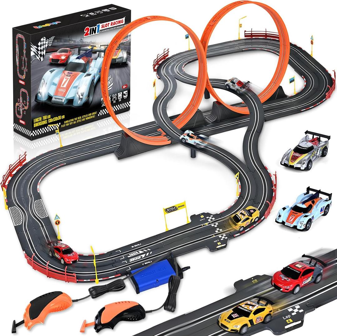 Slot Car Race Track Sets,2 in 1 Race Car Track with 4 High-Speed Slot CarsGift Toy for Boys Kids Ages 5 6 7 8-12,Dual Power (Source) Cars Track,Dual Racing Game Lap Counter Circular Overpass Track, 0.2 inches